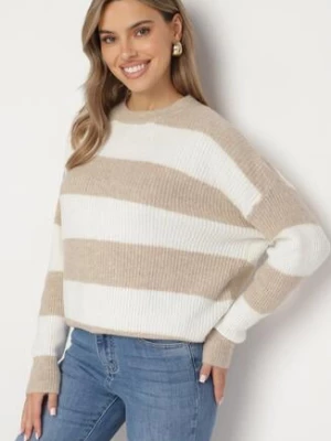 Beżowy Sweter w Pasy z Wełną Zakończony Ściągaczem Tiaelle