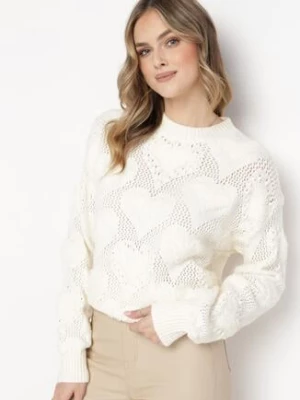 Jasnobeżowy Sweter w Serca o Klasycznym Fasonie ze Ściągaczami Biriet moni&co