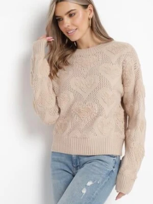 Beżowy Sweter w Serca o Klasycznym Fasonie ze Ściągaczami Biriet moni&co