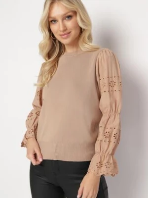 Beżowy Sweter z Ażurowym Rękawem Ozdobionym Haftem Obylike elsa.m by may