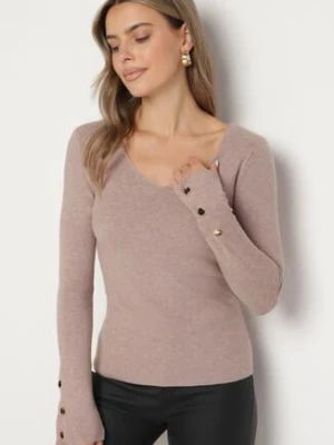 Beżowy Sweter z Dekoltem V i Ozdobnymi Guzikami na Rękawach Atterisa wool fashion