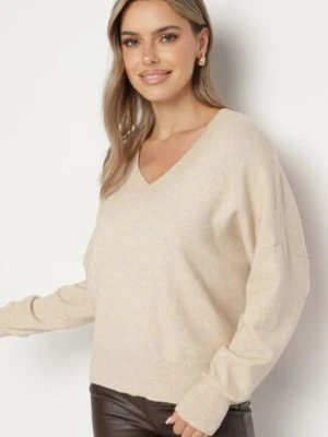 Beżowy Sweter z Dekoltem w V z Domieszką Kaszmiru Mariara tandem