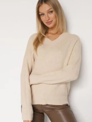 Beżowy Sweter z Domieszką Kaszmiru z Dekoltem w Serek Feralaine