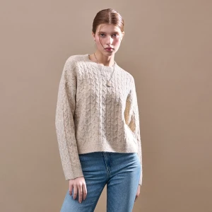 Beżowy sweter z okrągłym dekoltem i warkoczowym splotem House