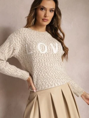 Beżowy Sweter z Ozdobnym Napisem Wykończony Ściągaczami Minisoji kamaella