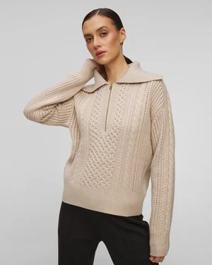 Beżowy Sweter Z Wełną Damski Varley Camello Relaxed Cable Half Zip