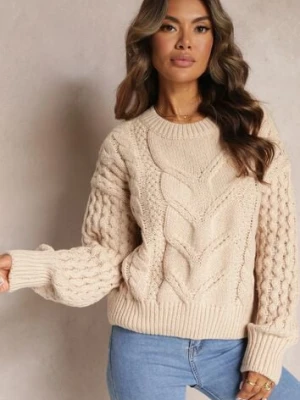 Beżowy Sweter z Wełną i Bawełną w Warkoczykowy Splot Kestina moni&co