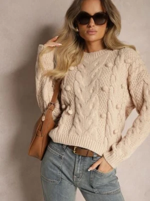 Beżowy Sweter z Wełną i Wiskozą Ozdobiony Tłoczeniem i Kulkami Vaiannae moni&co