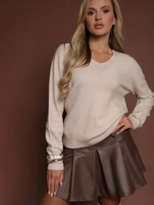 Beżowy Sweter z Wełną i Wiskozą z Trójkątnym Dekoltem Kaitte tandem