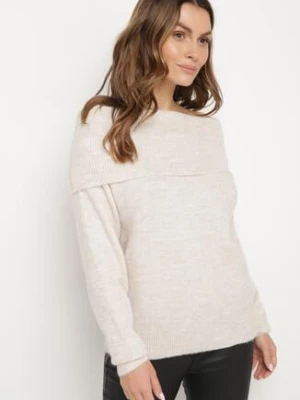 Beżowy Sweter z Wełną Wiskozą i Wywiniętym Dekoltem Ravarina jusdepom