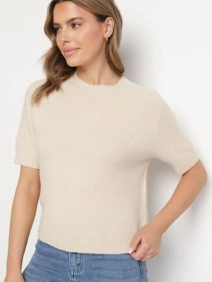 Beżowy Sweter z Wełną z Krótkim Rękawem Dannoria
