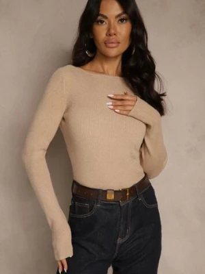 Beżowy Sweter z Wiskozą Ozdobiony Metaliczną Nitką Liatolla belcci