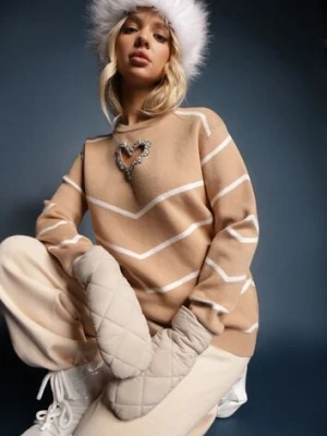 Beżowy Sweter z Wiskozą w Paski Ozdobiony Wycięciem w Kształcie Serca z Cyrkoniami Temireli newstar