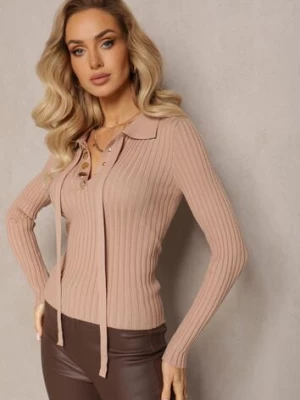 Beżowy Sweter z Wiskozy w Prążki Zdobiony Biżuteryjnymi Napami i Wiązaniem Pelema