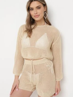 Beżowy Szydełkowy Komplet z Bluzką i Szortami Kentliy