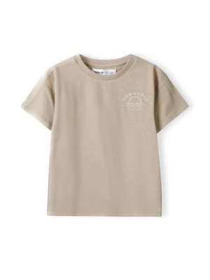 Beżowy t-shirt bawełniany dla chłopca z napisami Minoti