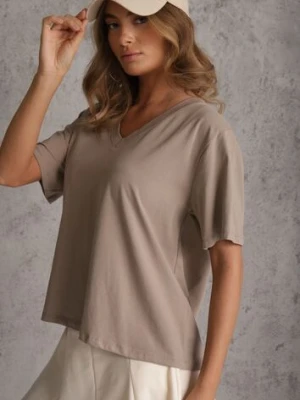 Beżowy T-shirt Bawełniany z Dekoltem w V Adozixie jumelle