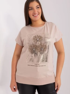 Beżowy t-shirt damski z motywem roślinnym plus size - RELEVANCE