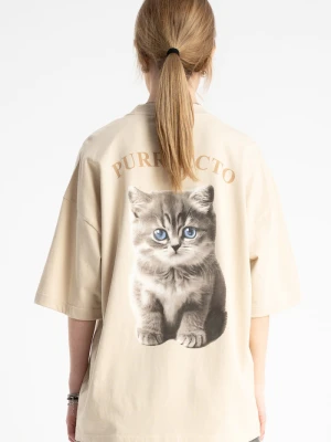 T-shirt dziewczęcy oversize z nadrukiem kotka Reporter