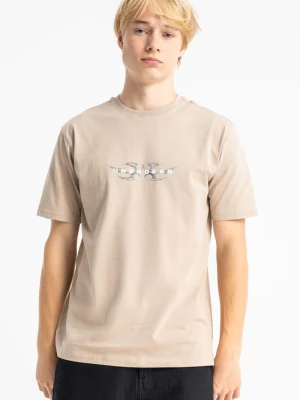 Beżowy t-shirt REGULAR z minimalistyczną grafiką z przodu Reporter