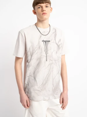 Beżowy t-shirt z autorską grafiką z przodu Reporter