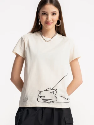 Beżowy t-shirt z autorską grafiką z przodu Reporter Young
