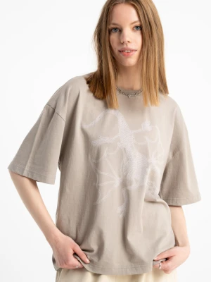 Beżowy t-shirt z autorską grafiką z przodu z kryształkami Reporter