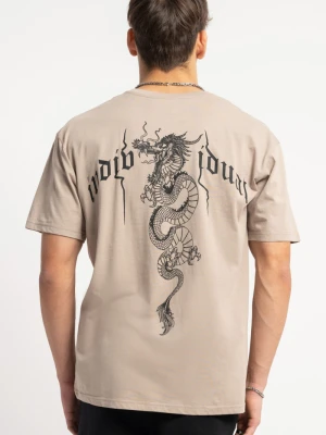 Beżowy t-shirt z autorską grafiką z tyłu Reporter