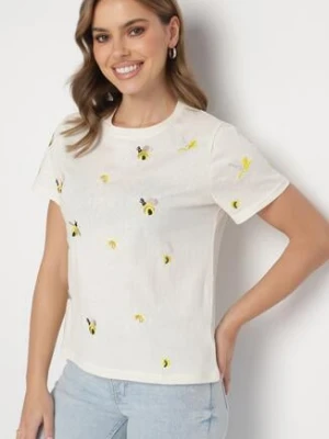 Beżowy T-shirt z Bawełny Ozdobiony Haftem Hiraviel elsa.m by may