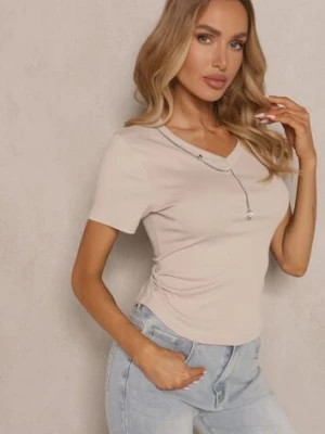 Beżowy T-shirt z Bawełny z Łańcuszkiem i Marszczeniem Olisinia