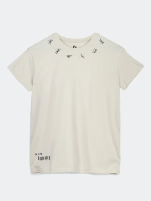 Beżowy t-shirt z czarnymi nadrukami Reporter