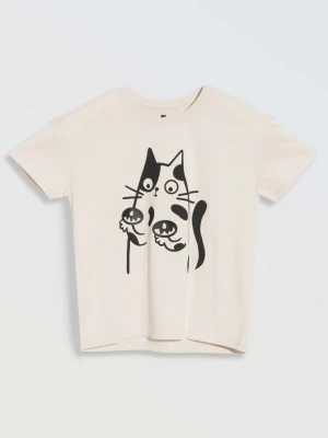 Beżowy t-shirt z kontrastowym nadrukiem z przodu Reporter Young