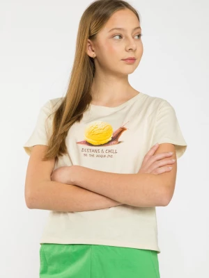 Beżowy t-shirt z nadrukiem ze ślimakiem