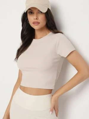 Beżowy T-shirt z Prążkowanego Materiału o Krótkim Kroju Telunna glo-story