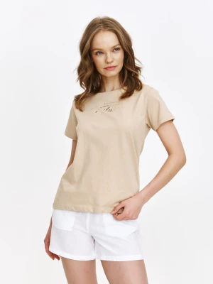 Beżowy t-shirt ze złotym napisem Top Secret