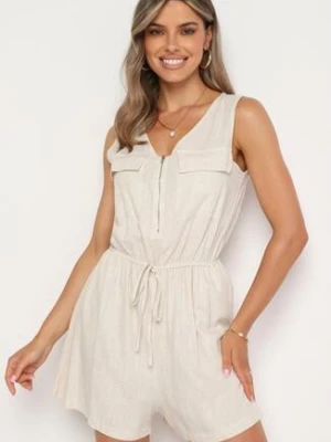 Beżowy Taliowany Bawełniany Kombinezon z Gumką w Pasie Zapinany na Suwak Tennea rosa