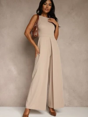 Beżowy Taliowany Kombinezon Ozdobiony Zakładkami Berinola