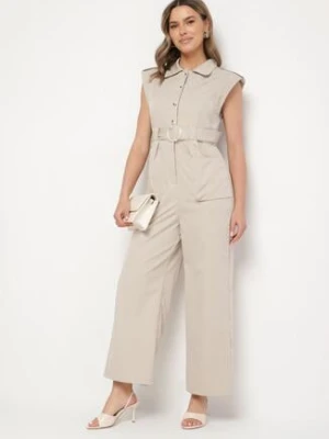 Beżowy Taliowany Kombinezon z Guzikami i Cyrkoniami Lumalise j&x