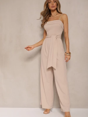 Beżowy Taliowany Kombinezon z Paskiem Desine New Collection