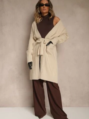 Beżowy Tłoczony Kardigan z Wełną o Kroju Bez Zapięć z Paskiem Dorrive j&x