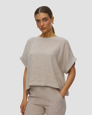 Beżowy Top Lniany Damski Deha