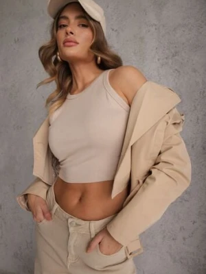 Beżowy Top na Ramiączkach Basic Prążkowany Zitira jstyle