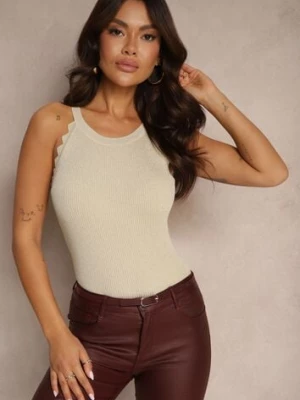 Beżowy Top z Wiskozą z Prążkowanej Dzianiny Ozdobiony Geometrycznym Wzorem Vortizelle rosa