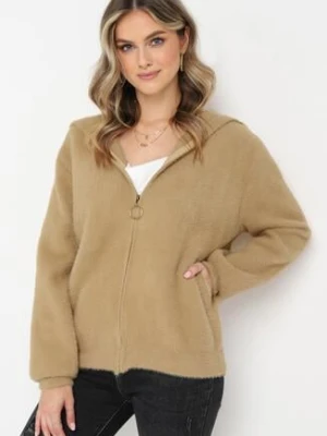 Beżowy Wełniany Kardigan z Kapturem i Suwakiem Sakiyah j&x