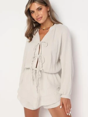 Beżowy Wiązany Bawełniany Kombinezon Boho z Falbankami i Wiązaniem Lalelia jumelle