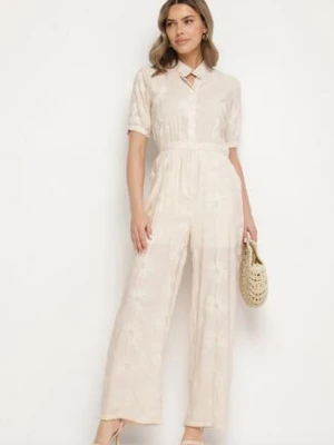 Beżowy Wiskozowy Kombinezon o Koszulowym Kroju z Krótkim Rękawem i Kieszeniami Milaviela j&x