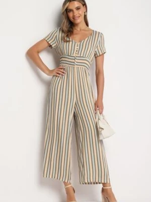 Beżowy Wiskozowy Kombinezon z Guzikami przy Dekolcie i Elastyczną Gumką w Talii Tinaleias rosa