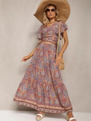 Beżowy Wiskozowy Komplet 2-Częściowy w Print Paisley Długa Spódnica i Kopertowy Top Aeodosia