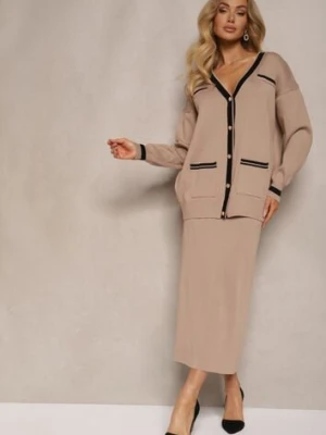 Beżowy Wiskozowy Komplet Kardigan na Guziki z Lamówką i Dopasowana Spódnica Tamorin