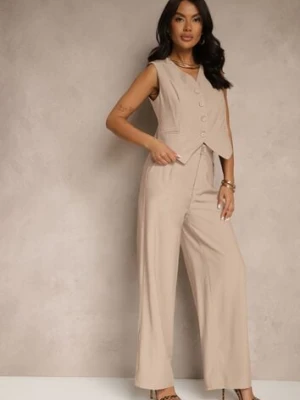 Beżowy Wiskozowy Komplet o Garniturowym Kroju Kamizelka i Spodnie Soreya melya by melody